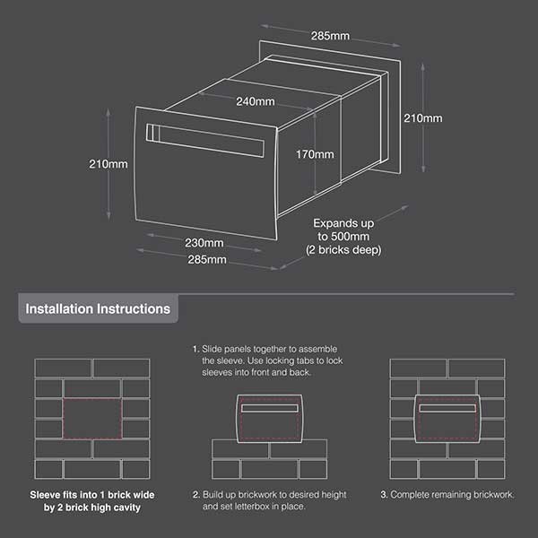 Stainless Steel Torino "Floating" Brick in Back Open Mailbox suits A4 - Includes Sleeve